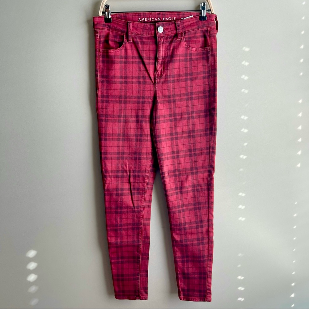 American Eagle Outfitters Women's Red Plaid Skinny High Rise Jegging Jeans